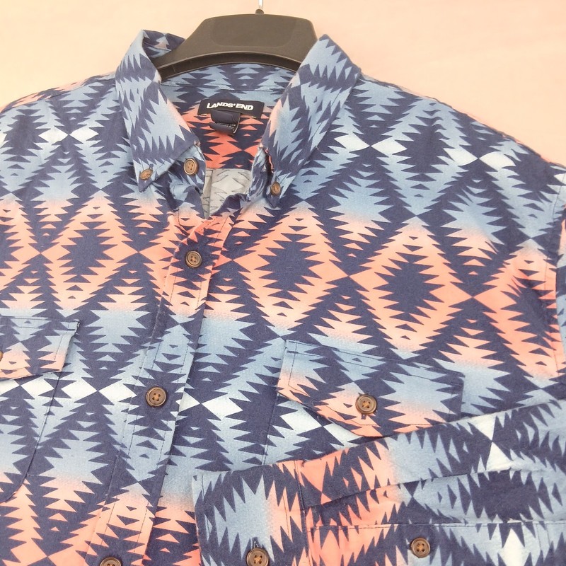 Lands End XL 17-17.5 Mens Shirt Brushed Cotton Flannel Aztec Navajo 25×30