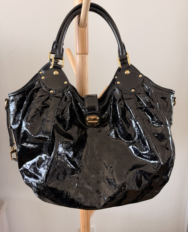 Louis Vuitton Black Patent Monogram Shoulder Bag Gold Hardware Studded Strap