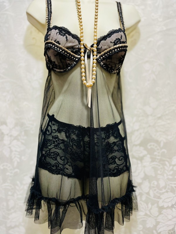 Sheer Lingerie Cami Set Black Size Med. Coquette by Deligates Underwire