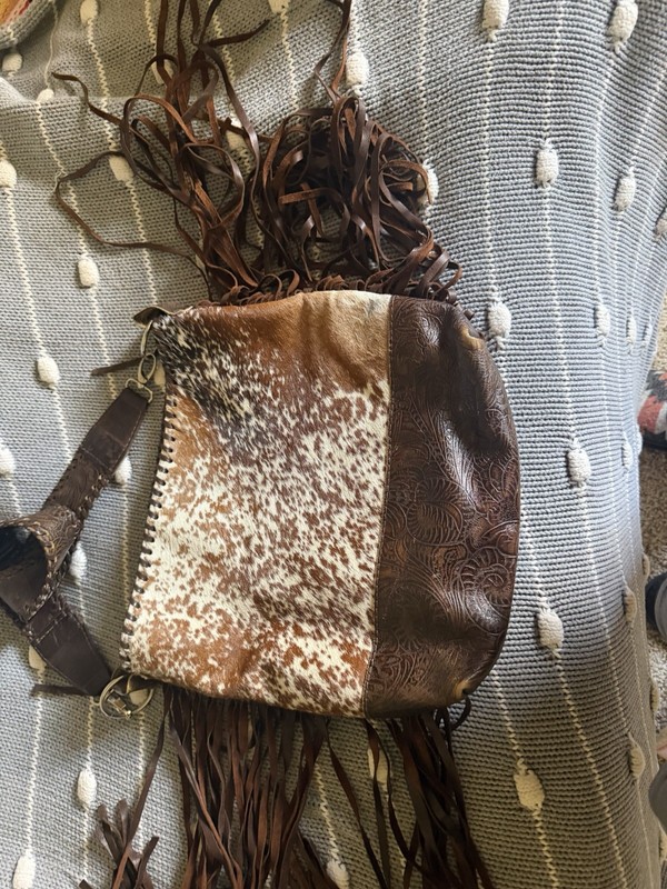 Brown Leather Western Bag with Cow Hide and Fringe for Women