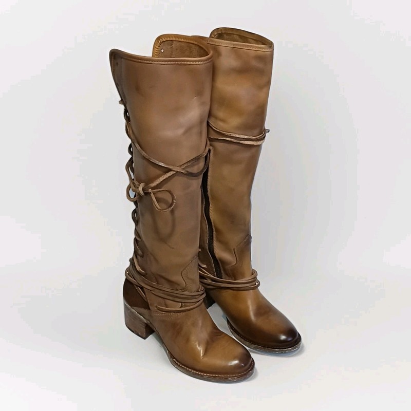 Freebird by Steven Coal Cognac Leather Tall Boots Size 7 Womens Handcrafted Knee
