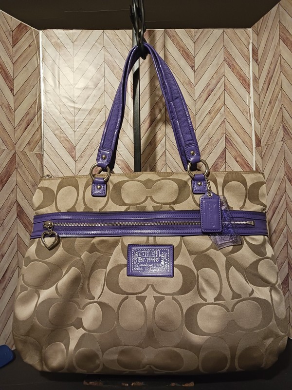 COACH F20026 Poppy Daisy Signature Sateen Tote Bag XL SLV/PURPLE/KHAKI