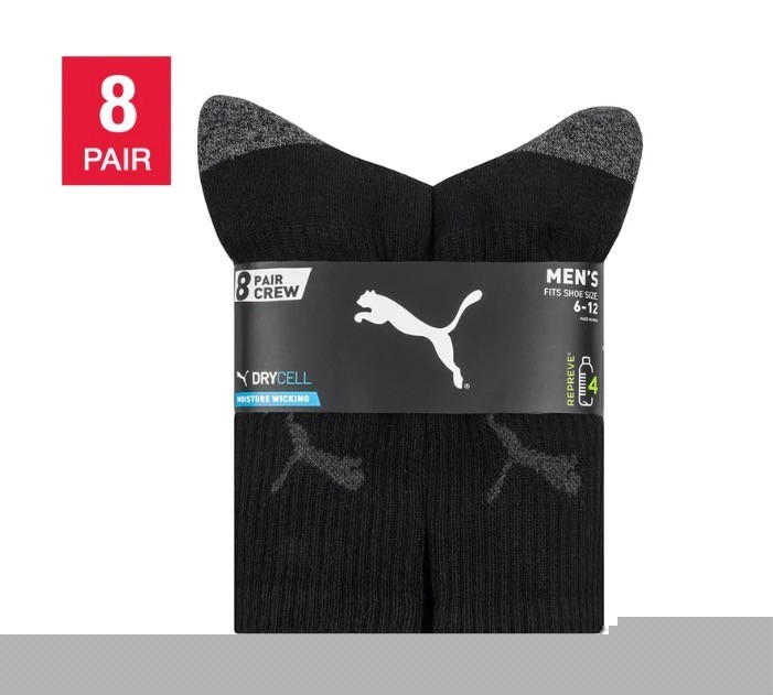 PUMA Men’s Crew Sock, 8-pair DryCell Fits shoe size 6-12 White or Black