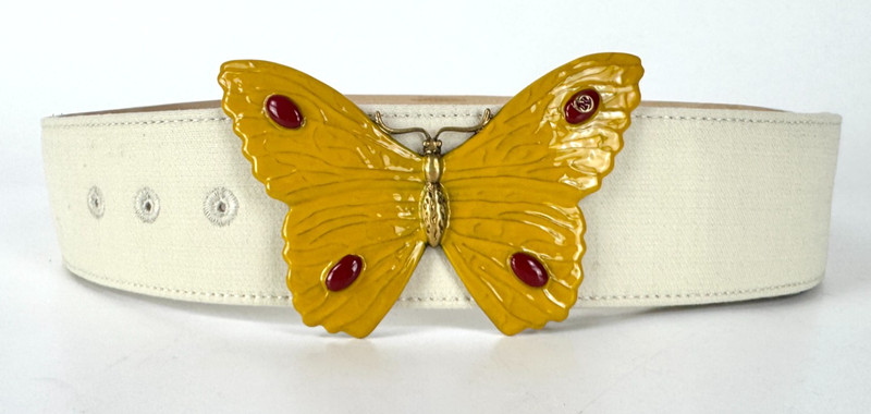 Gucci Auth Ivory Leather Fabric Belt 80 cm 32 in Yellow Butterfly Buckle Bag gallery
