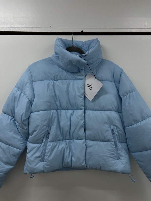 ALO Gold Rush Puffer Jacket Womens L Blue Quilted Full Zip Pockets Short