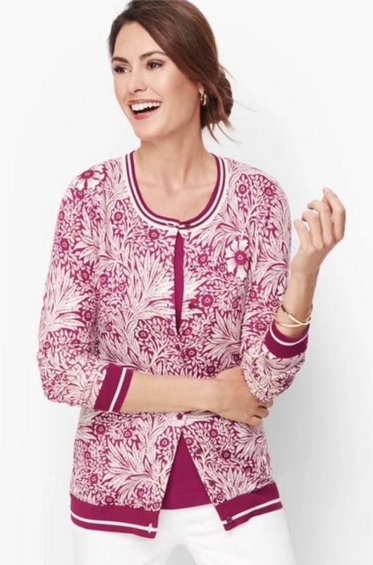 NWT Talbots Women’s Size PP Burgundy Floral Cotton Blend Button Cardigan Sweater