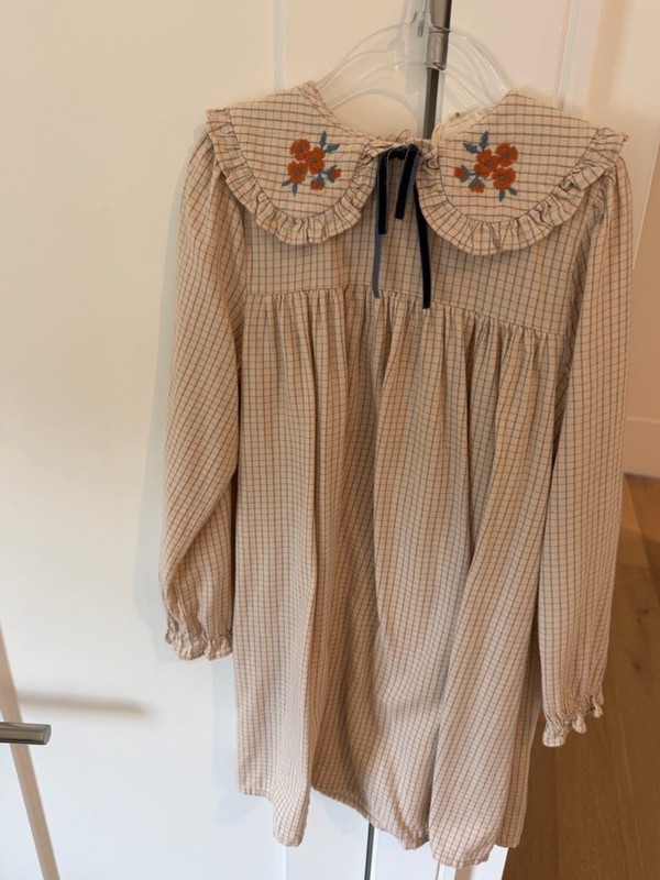 LOUIS LOUISE Girls 8 Beige Check Collared Long Sleeve A-Line Dress Bow