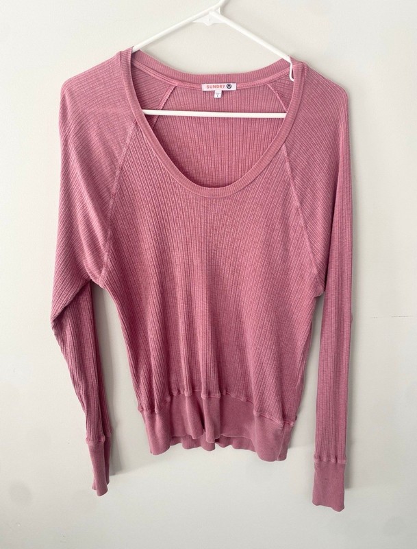 Sundry Gray Scoop Neck Raglan Top Sz 1 Small Mauve Layering Tee Cotton USA Made