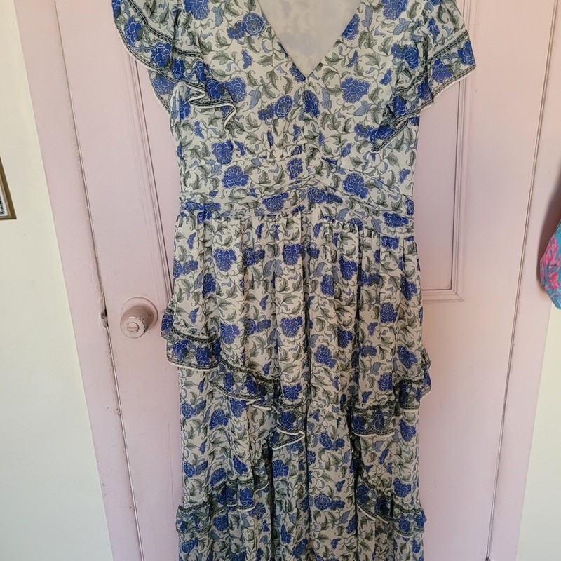 Max Studio Blue Floral V-Neck Ruffle Midi Dress Boho Country Cottage Core