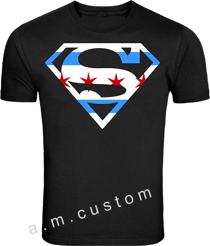 Chicago Superman Logo Windy City Skyline City of Chicago Flag T Shirt S-4XL