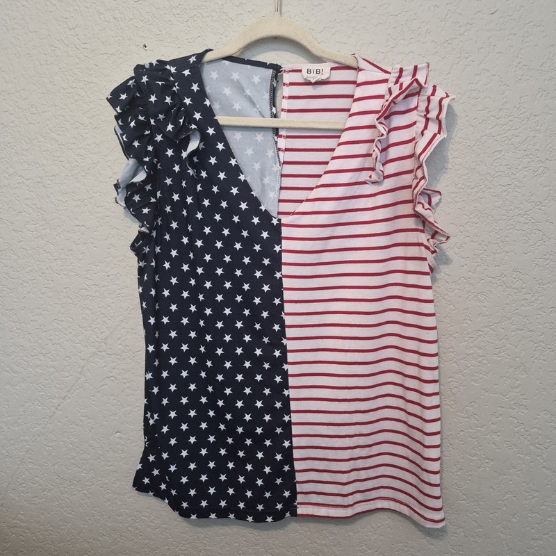 BiBi USA Flag Patriotic Top Womens L Ruffle Sleeve V Neck July 4th Red White…