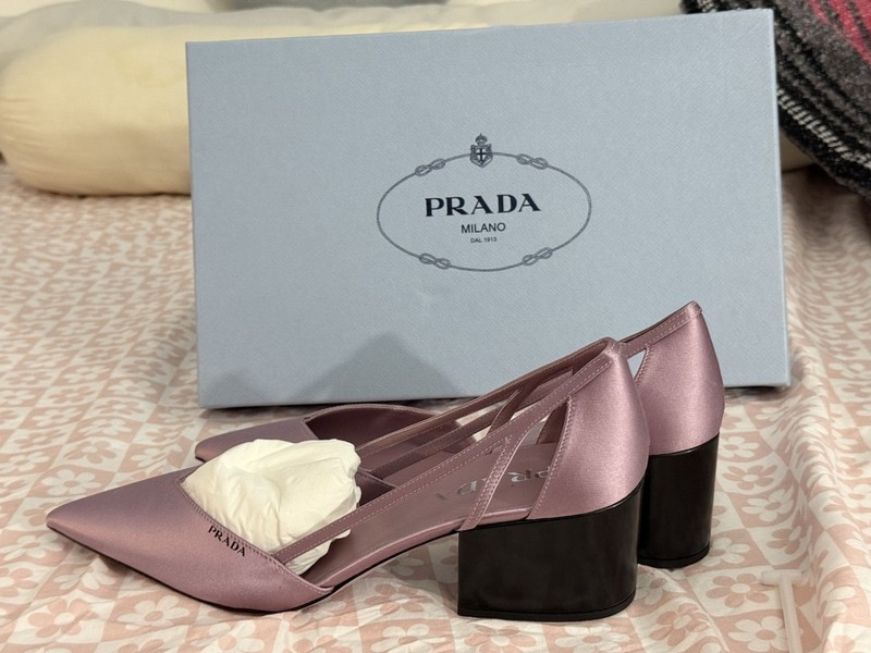 PRADA Satin Cut-Out Pointed Toe Block Heel Pumps Pink/Black Women's EU 37.5 gallery