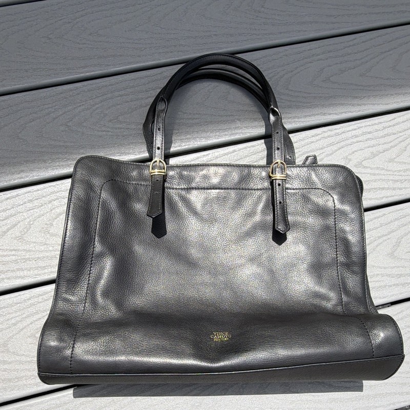 Vince Camuto Black Pebbled Satchel/Top Handle Bag Large Zip Top, Pockets, Gold