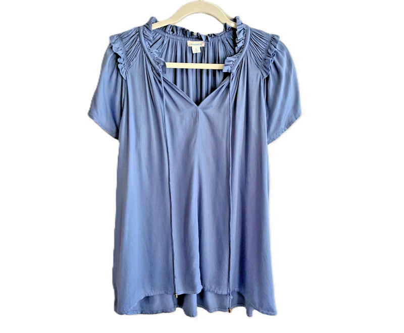 Womens Sundance Blue Tunic Blouse Ruffled V-Neck Flutter Sleeves Sz Med