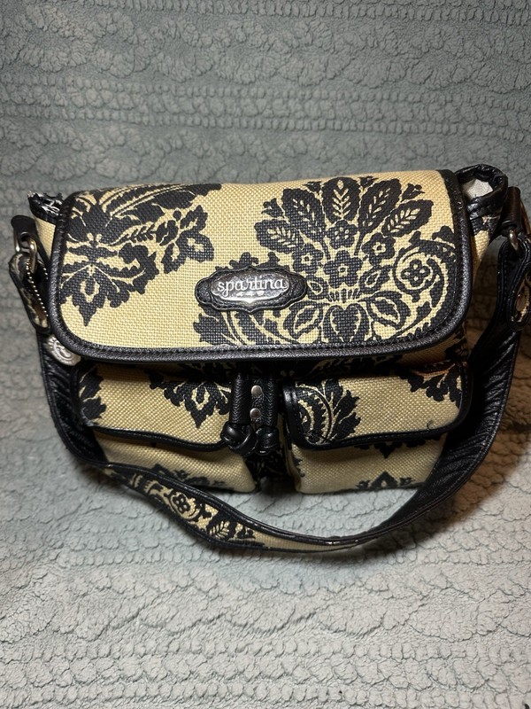 Spartina 449 purse handbag multi pocket black tan leather Daufuskie Island snap
