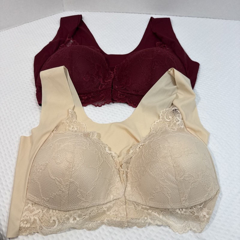 2 Bralettes XL Burgundy /Cream Lace Stretch Wide Straps Front Closure Wide Back