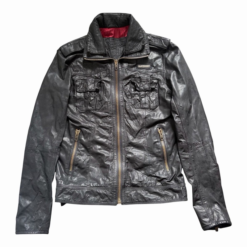 Superdry Leather Jacket Mens M Black Ryan Full Zip Motorcycle Biker Genuine