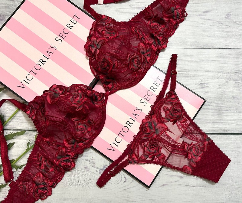Victoria's Secret VERY SEXY Red Rose Unlined Low-Cut Demi Bra Garter Thong Set gallery