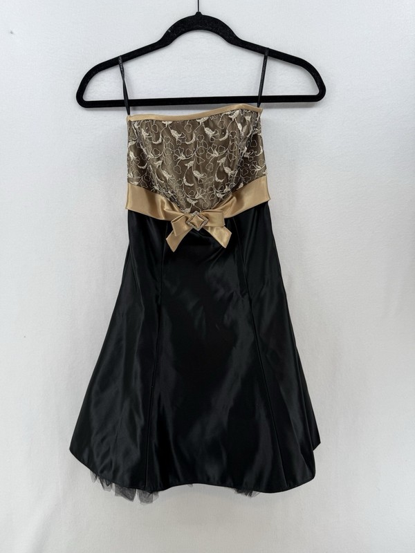 Vintage Jessica McClintock for Gunne Sax Strapless Dress Sz 1/XXS Black Gold 80s