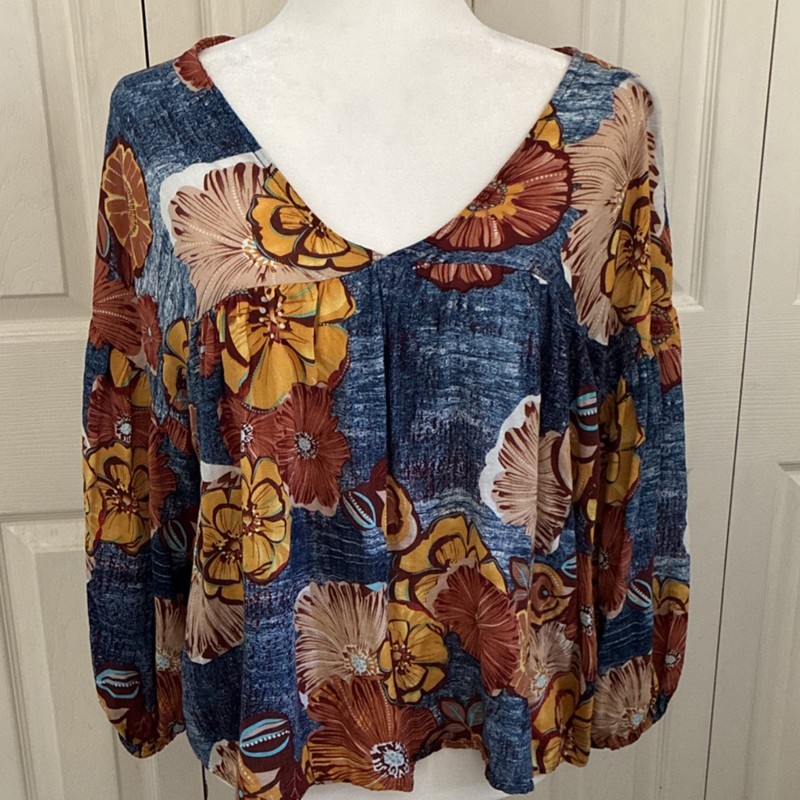 Bucketlist Blouse Womens M Floral V-Neck Balloon Sleeve Tunic Blue Cotton