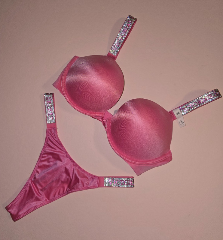 Victoria's Secret Shine Strap Bombshell Push Up Bra Thong Set Rose Garden NWT gallery