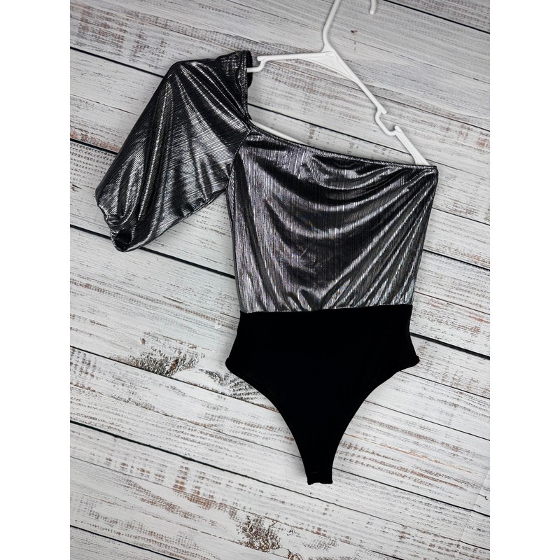 Club L London Shimmer One Shoulder Bodysuit Silver Metallic Party Shine Bold 2