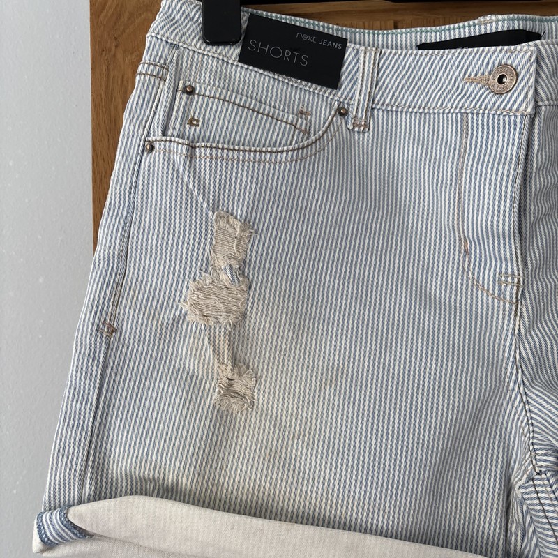 Next Light Wash Striped Distressed Denim Shorts Size 16 BNWOT gallery
