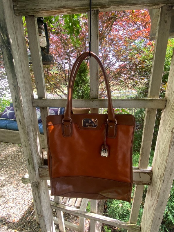 Cole Haan Cognac Brown Leather Medium Tote Bag Gold Toggle Orange Lining Clean