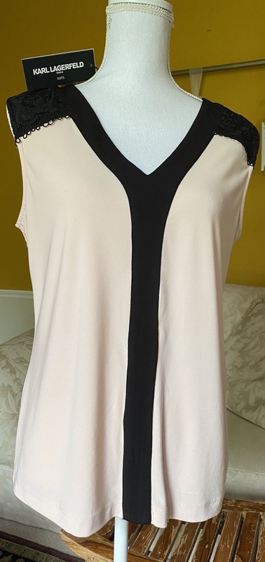 *NWT* Karl Lagerfeld Paris Pink Black V-Neck Lace Sleeveless Blouse Top - Medium gallery