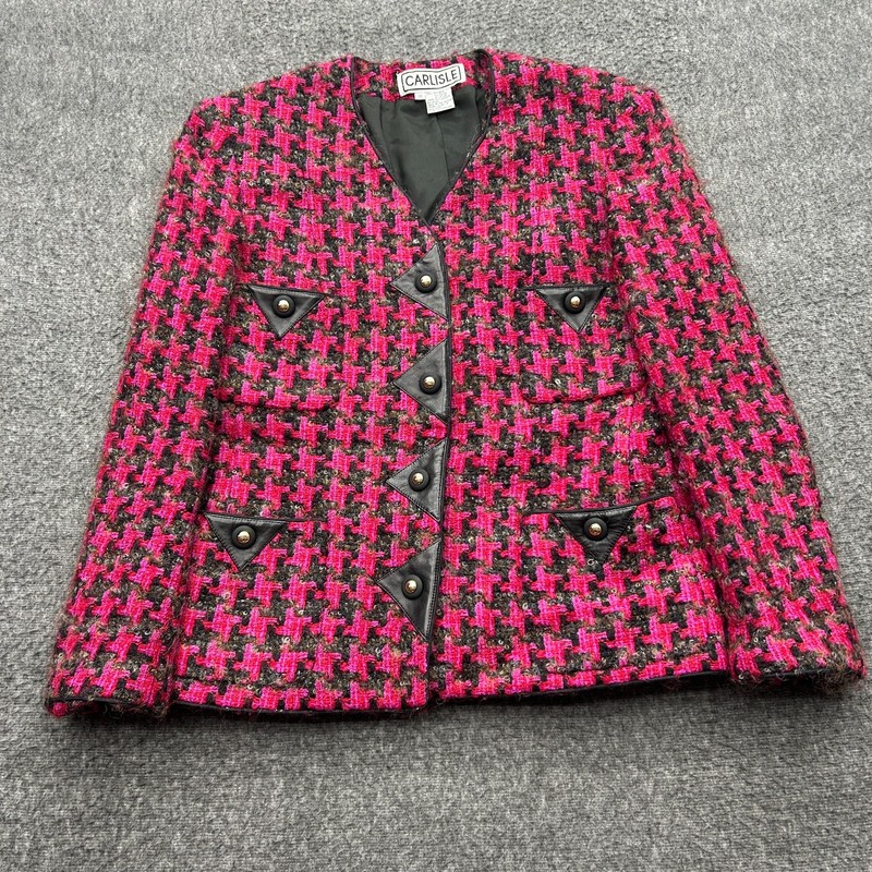 Vintage Pink Tweed Blazer Size 10 Edgy Prep Houndstooth Jacket 80s Clueless