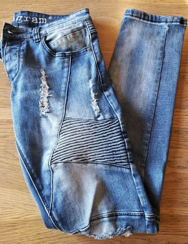 Kilogram Mens Moto Jeans Light Blue Distressed Button Fly Stretch EUC 32 x 32 gallery
