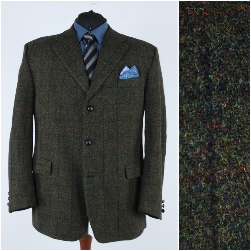 Mens Check HARRIS TWEED Jacket 50R US Size Dark Green Wool Sport Coat Blazer