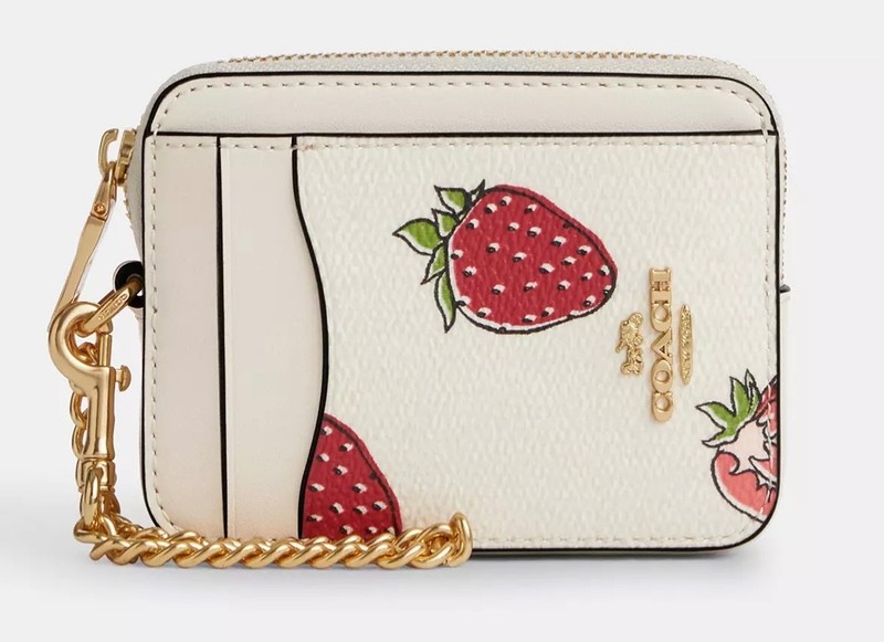 Coach Chalk & Strawberry 🍓 Zip Card Case Credit Card ID Chain Wallet CAR32 NWT