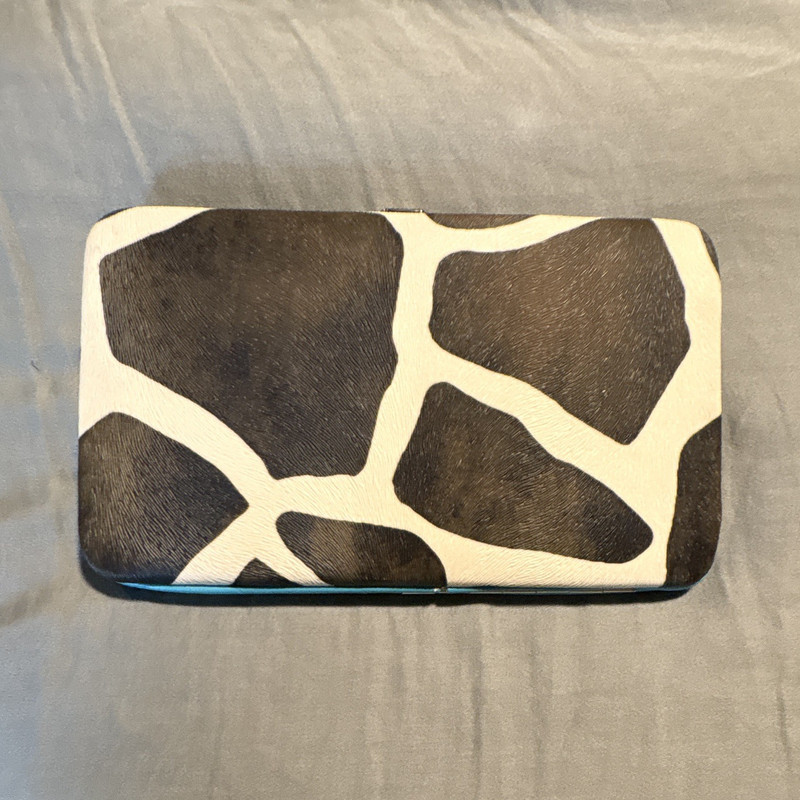 Women’s Black & White Animal Print Folding Wallet, Blue Interior, Zipper Coin