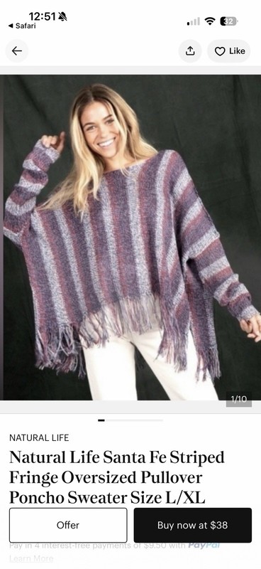 Natural Life Sante Fe Fringe Striped Knit Sweater Pullover Poncho Style size S/M