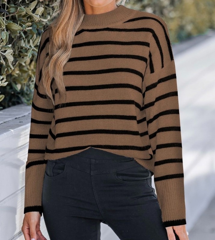 NWT Cupshe Brown and Black Striped Drop Shoulder Knit Sweater – Size: Large