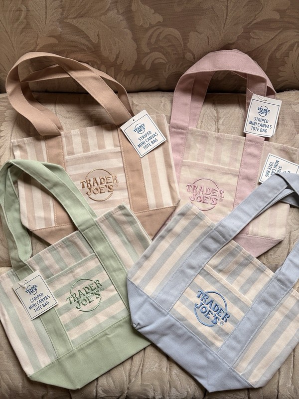 New Trade Joe’s Striped Mini Tote Bag Bundle Of 4 (Beige, Green, Blue, And Pink)
