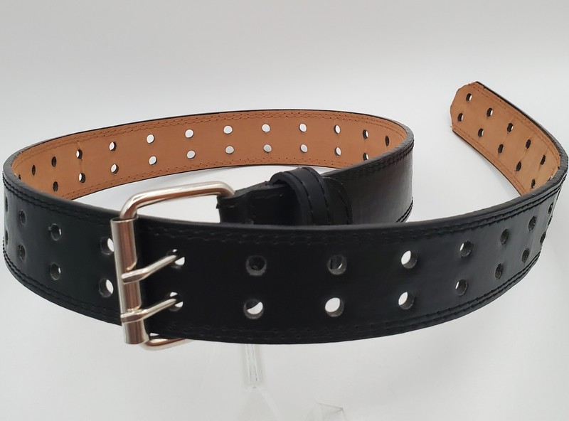 Black Leather Belt 38in Unisex Large Silver Tone Double Prong Full Perforation