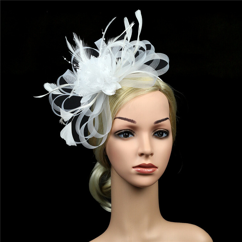 Women Fascinator Hat Headband Feather White Black Headwear Wedding Tea Party Hat