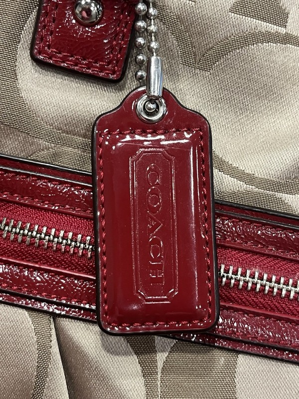 Coach Poppy Signature Tote Shoulder Bag Womens Khaki Red Patent Trim F20026 gallery