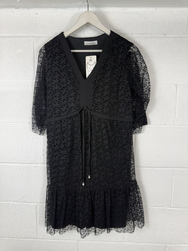 Machek Mini Dress Medium Black Empire Waist Sheer Lace Abstract Lined N80