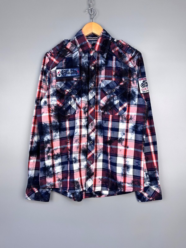 MINT! Affliction Tye-Dye Plaid Embroidered Logo Button Up Shirt Grunge Men’s S