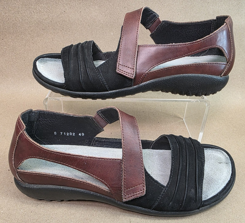 Naot (Sz 40) Women’s Papaki Brown Leather Black Suede Flat Comfort Sandals