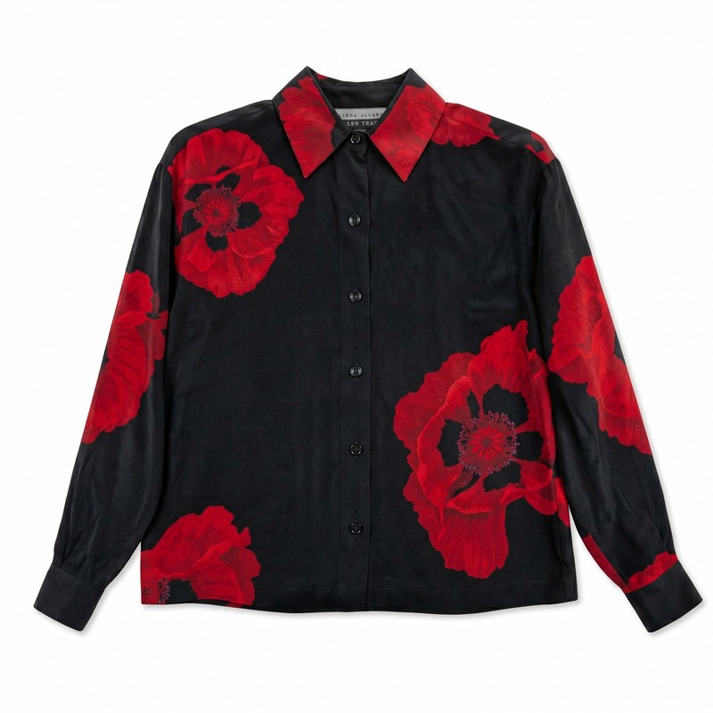 Linda Allard Ellen Tracy Black Silk Poppy Blouse | Size 4 | 100% Silk Floral