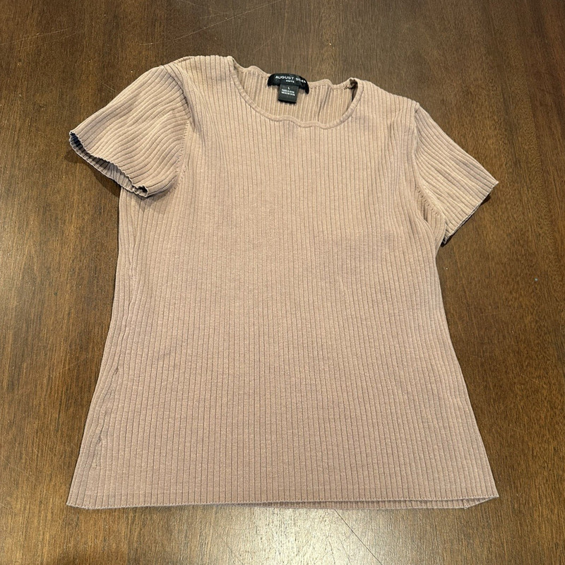August Silk Women’s L Beige Solid V-Neck Knit Pullover T-Shirt Short Sleeve
