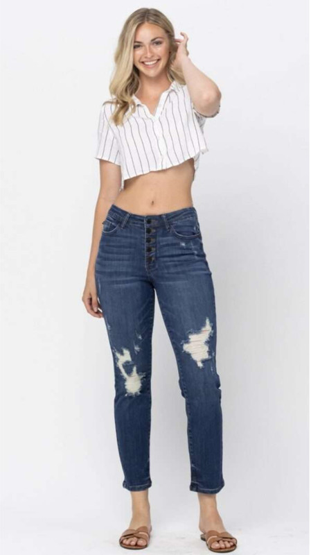 JUDY BLUE High Waist Button Fly Distressed Boyfriend Jeans Size 13/31