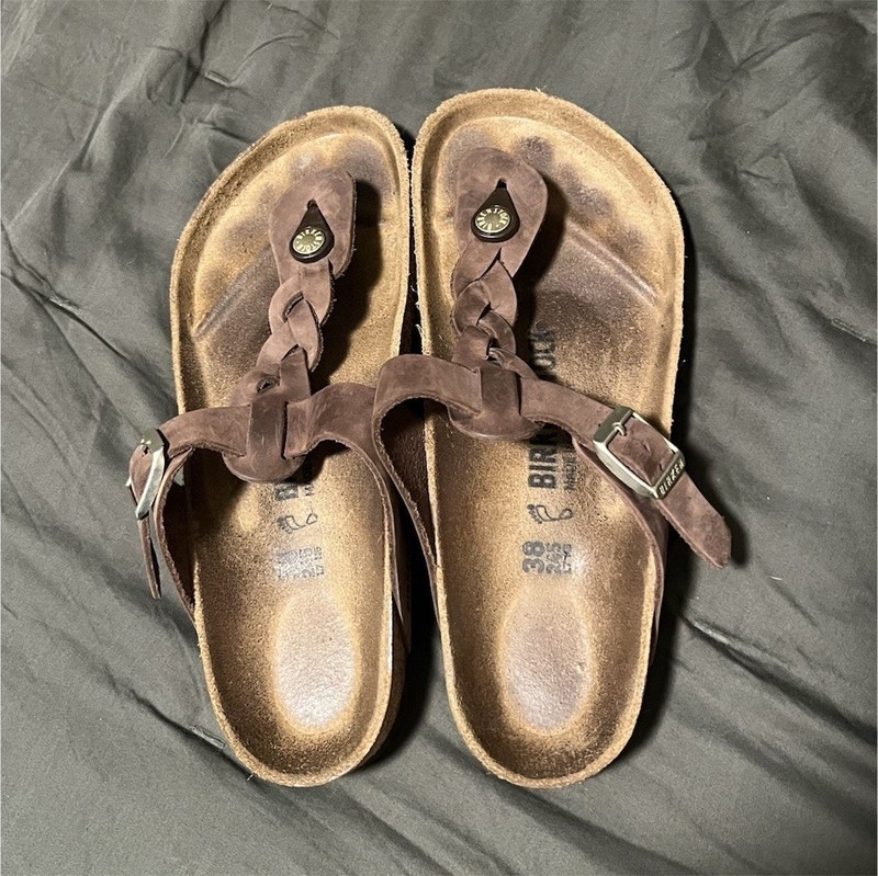 Birkenstock Brown Leather Thong Sandals Buckle Strap Solid Casual US 7.5 R