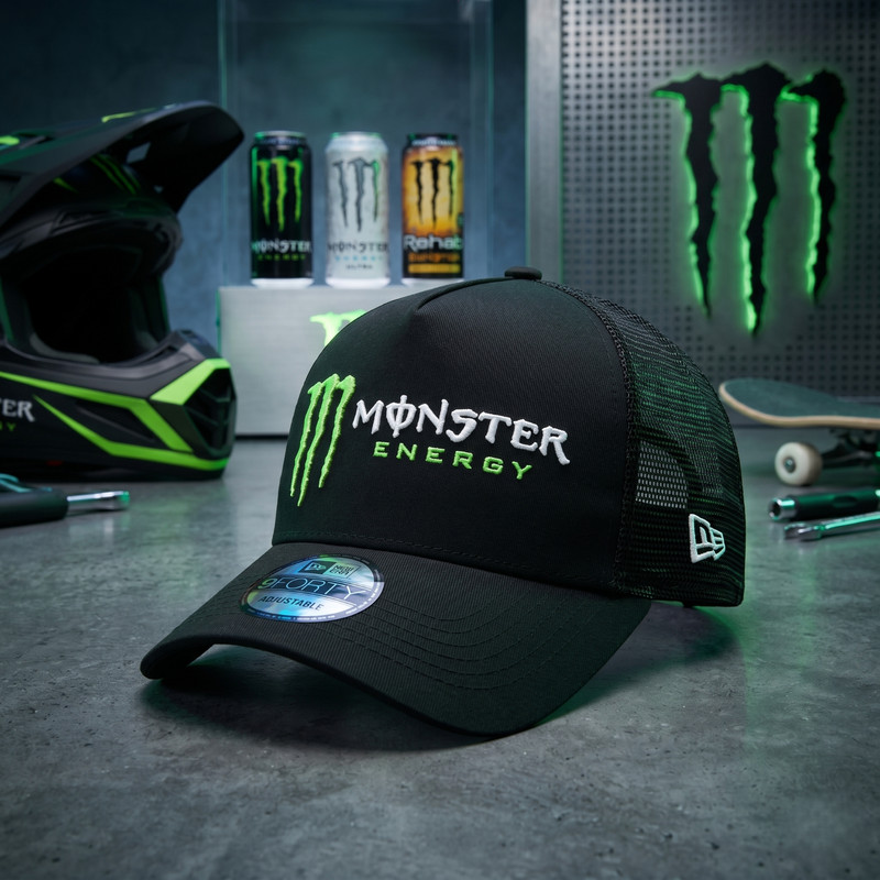 Monster Energy Embroidered 9FORTY Trucker Hat Black Mesh Snapback Racing Cap