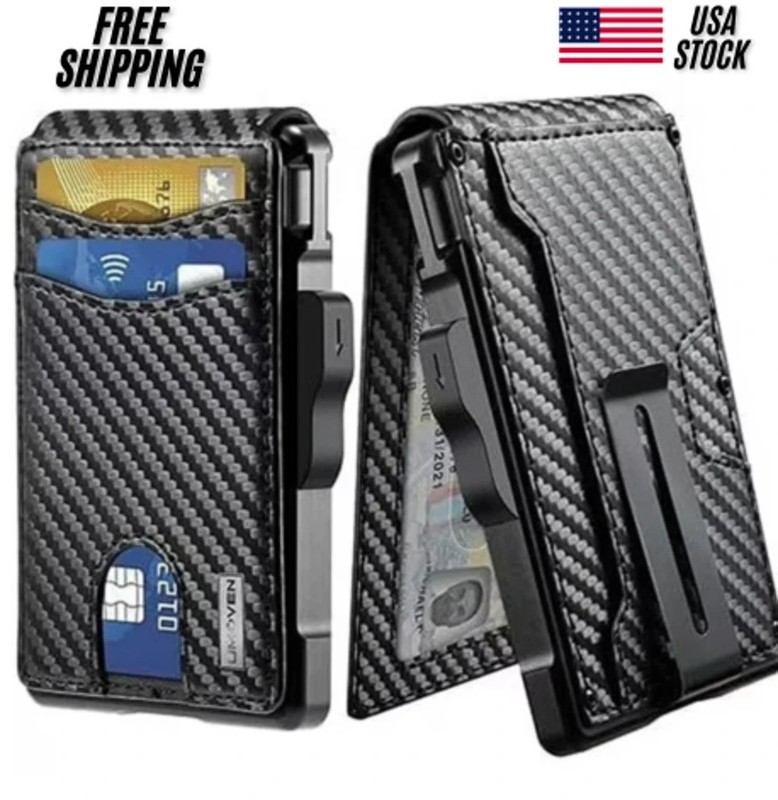 Men’s Slim PopUp Bifold Carbon Fiber Wallet, RFID Blocking, Money Clip, Men Gift