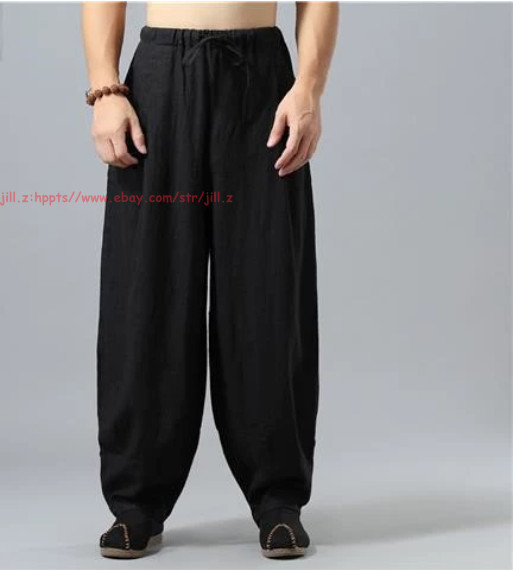 Men Buddhist Zen Martial Arts Cotton Linen Pants Monk Kung Fu Wide Leg Trousers